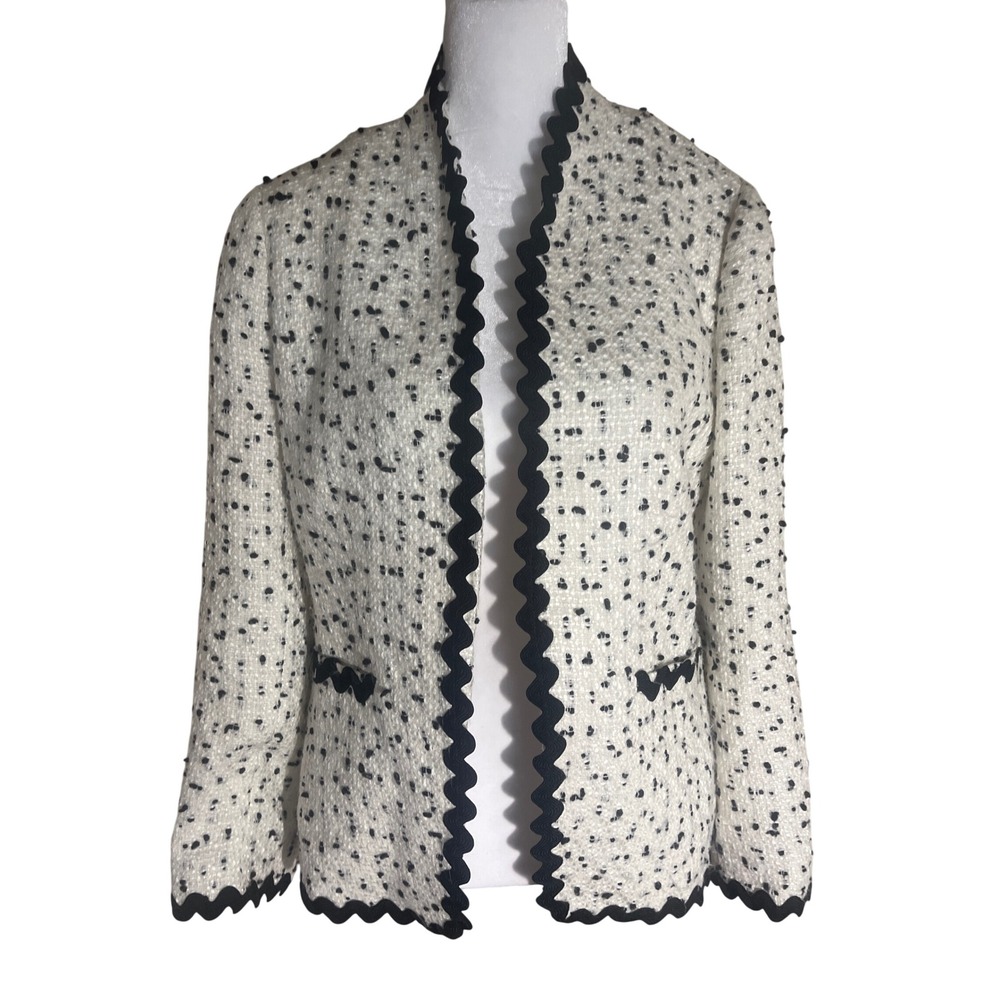 J. Crew Blazer Women 6 White Black Tweed Scallop Rickrack Trim Lady Jacket